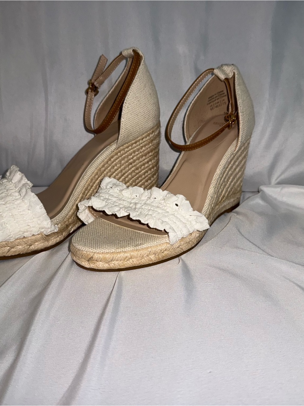 Draper James Cream Ruffle Espadrille Wedges with Tan Ankle Strap